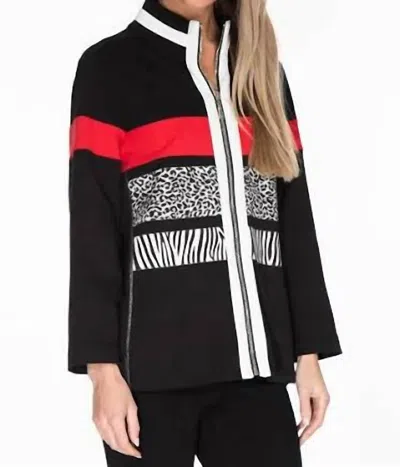 Multiples 3/4 Sleeve Zip Thru Collar Solid Twill Knit & Print Jersey Knit Jacket In Multicolor