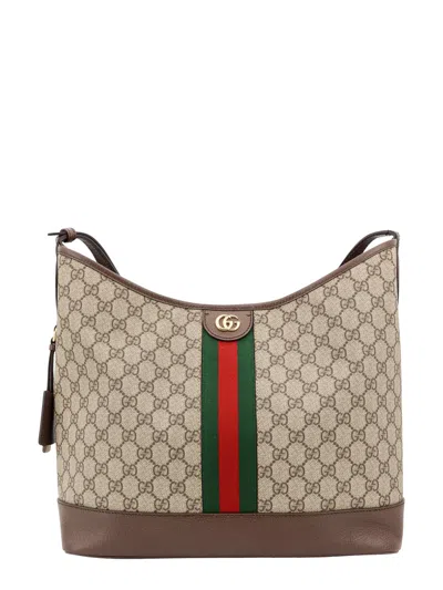 Gucci Gg Supreme Fabric Shoulder Bag With Iconic Web Band In Brown