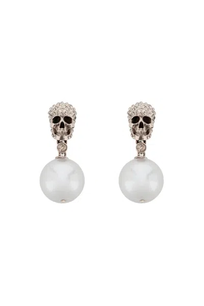 Alexander Mcqueen Pearl Skull Earrings With Crystal Pavé In Silver