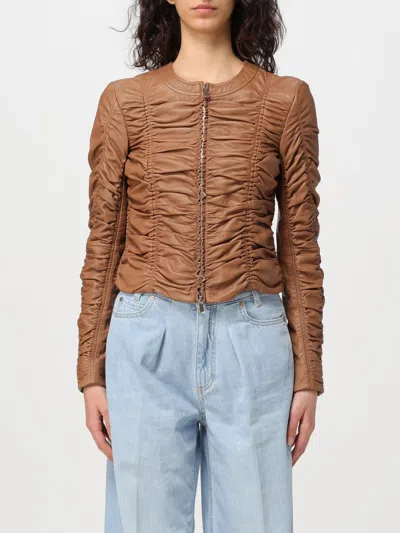 Pinko Ruched Detail Leather Jacket In Walnut
