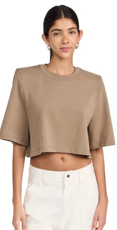 Isabel Marant Zaely Strong-shoulder Short-sleeve Crop T-shirt In Khaki