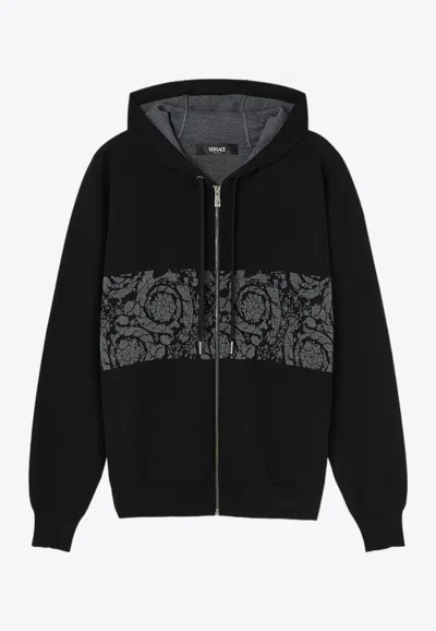 Versace Barocco-jacquard Zip-up Hoodie In Black