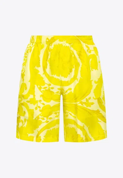Versace Barocco Print Silk Shorts In Yellow