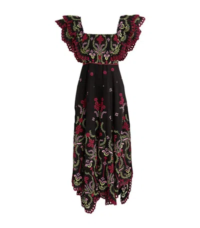 Charo Ruiz Ruff-sleeve Embroidered Midi Dress In Multi