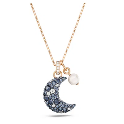 Swarovski Rose Gold-tone Crystal Moon & Imitation Pearl Pendant Necklace, 15-3/4" + 2-3/4" Extender In Blue