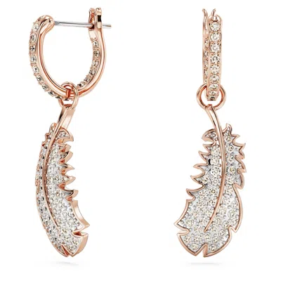 Swarovski Rose Gold-tone Nice Crystal Feather Drop Earrings In White