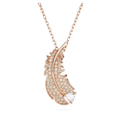 Swarovski Rose Gold-tone Nice Crystal Feather Pendant Necklace, 15" + 2" Extender In White
