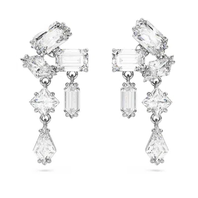 Swarovski Mesmera Mixed Cut Cluster Drop Earrings In Rhodium Plated In White