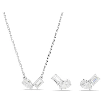 Swarovski Mesmera Mixed Cut Pendant Necklace & Stud Earrings Set In Rhodium Plated In White