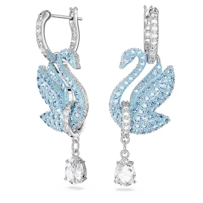 Swarovski Silver-tone Blue & White Crystal Iconic Swan Drop Earrings