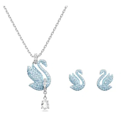 Swarovski Silver-tone 2-pc. Set Blue & White Crystal Iconic Swan Pendant Necklace & Matching Stud Earrings