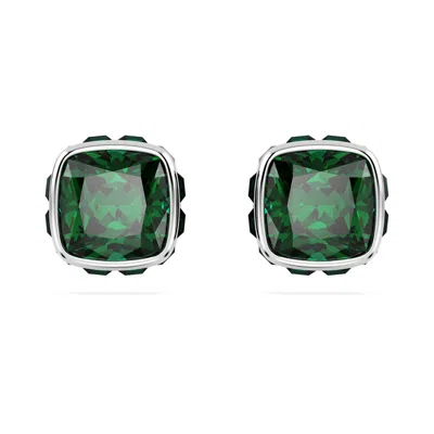 Swarovski Rhodium Plated Square Cut Color Birthstone Stud Earrings In Green