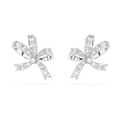 Swarovski Volta Crystal Bow Stud Earrings In Rhodium Plated In White