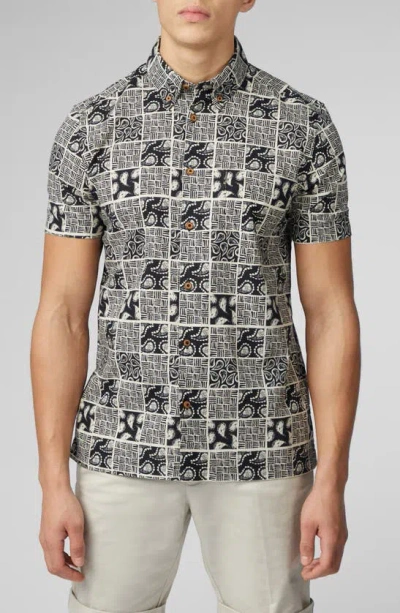 Ben Sherman Checkerboard Paisley Print Short Sleeve Button-down Shirt In Black
