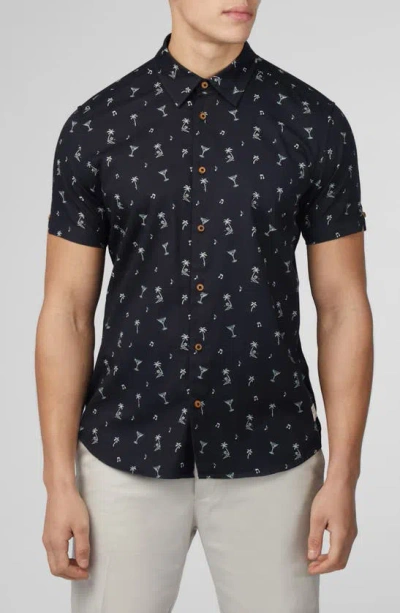 Ben Sherman Party Print Short Sleeve Button-up Shirt In Black