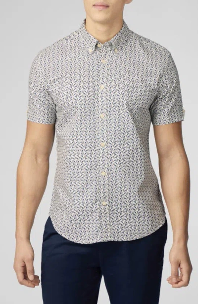 Ben Sherman Geo Wave Print Short Sleeve Button-down Shirt In Blue Denim