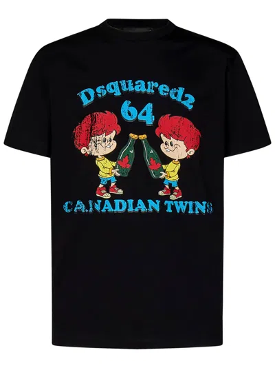 Dsquared2 Canadian Twins Printed Cotton T-shirt In Nero