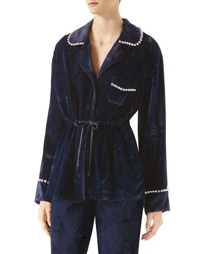 Gucci Crystal-embellished Velvet Pyjama Shirt In Blue