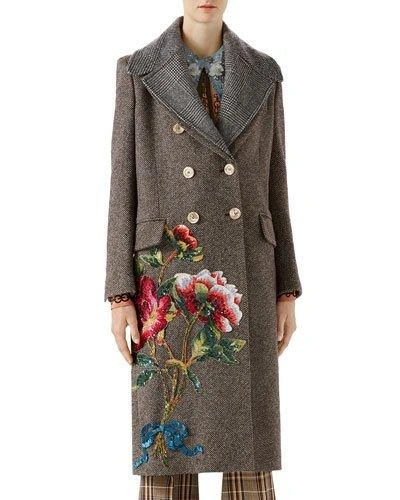 Gucci Double Breasted Wool Coat With Floral Embroidery In Multi