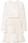 ZIMMERMANN MAPLES EMBROIDERED CROCHETED LACE-TRIMMED SILK-ORGANZA MINI DRESS