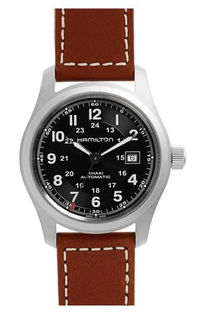 Hamilton Khaki Field Automatic Leather Strap Watch, 42mm In Brown/ Black/ Silver