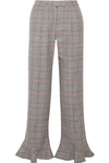 ROSIE ASSOULIN RUFFLE-TRIMMED PLAID WOOL STRAIGHT-LEG PANTS