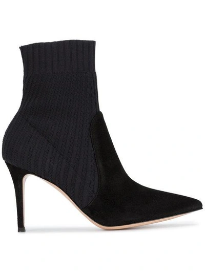 Gianvito Rossi 85mm Ribbed Knit & Suede Ankle Boots In Black