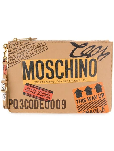 Moschino Cardboard Box Leather Clutch, Beige In Multicolor