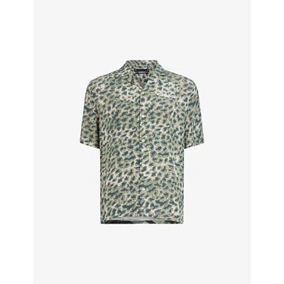 Allsaints Mens Ash Khaki Gree Underground Logo-print Camouflage Woven Shirt