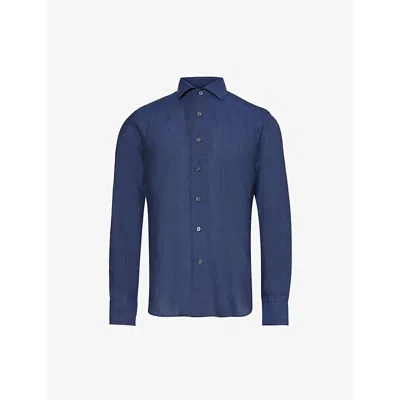 Corneliani Mens Navy Curved-hem Cutaway-collar Classic-fit Linen Shirt