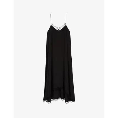 The Kooples Womens Black Lace-embroidered Slim-fit Silk Midi Dress