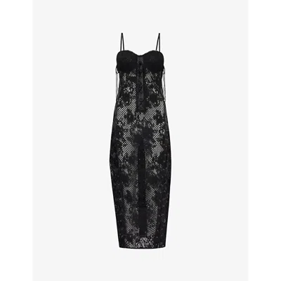 Sinead Gorey Womens Black Floral-pattern Slim-fit Lace Midi Dress