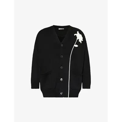 Valentino Flower Embroidery Cotton Cardigan In Black