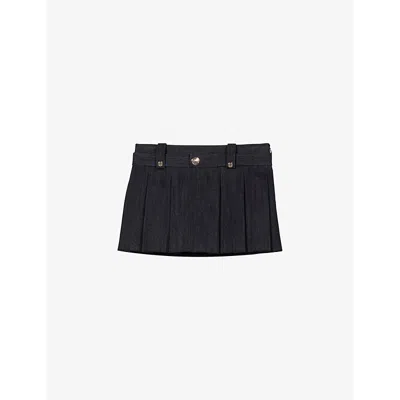 Maje Womens Noir / Gris Patch-pocket Mid-rise Pleated Stretch-denim Mini Skirt