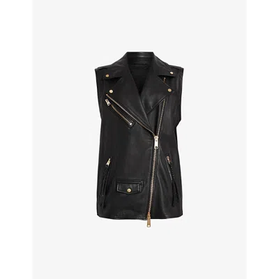 Allsaints Billie Oversized Leather Biker Gilet In Black/gold