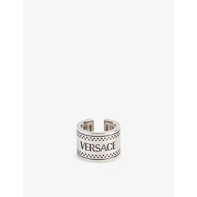 Versace Mens Palladium-black Logo-engraved Wide Metal Ring In Neutral