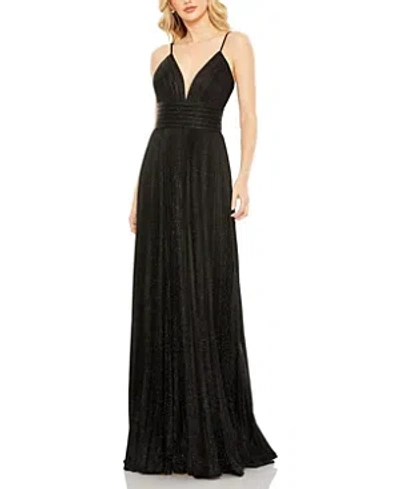 Mac Duggal Shimmer Pleated V Neck Gown In Black
