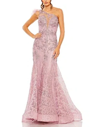 Mac Duggal Embroidered Applique Feathered One Shoulder Gown In Rose