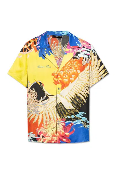 Balmain Crane-print Satin Shirt In Multicolor