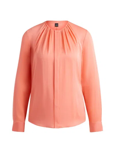 Hugo Boss Ruched-neck Blouse In Stretch-silk Crepe De Chine In Light Purple