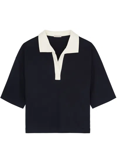 Moncler Panelled Cotton Polo Shirt In Navy