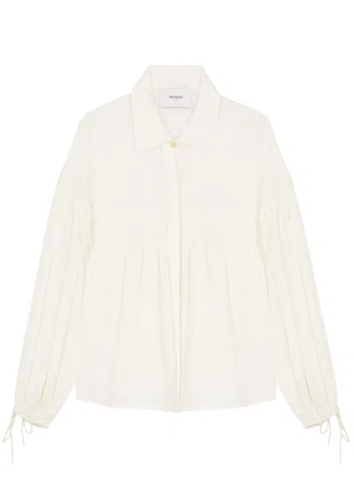Merlette Azurea Smocked Blouson-sleeve Linen Top In Ivory