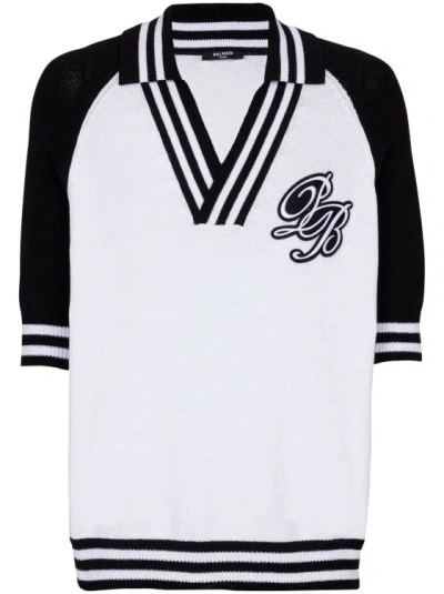 Balmain Signature Knitted Polo Top In White