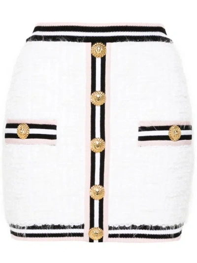 Balmain Maze Monogram Cotton Blend Mini Skirt In White