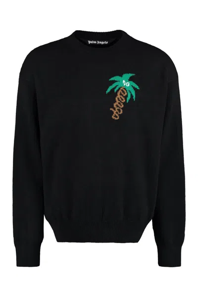 Palm Angels Crew-neck Wool Sweater In Black