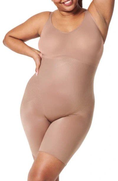 Spanx Open-bust Mid-thigh Shaping Bodysuit In Cafe Au Lait