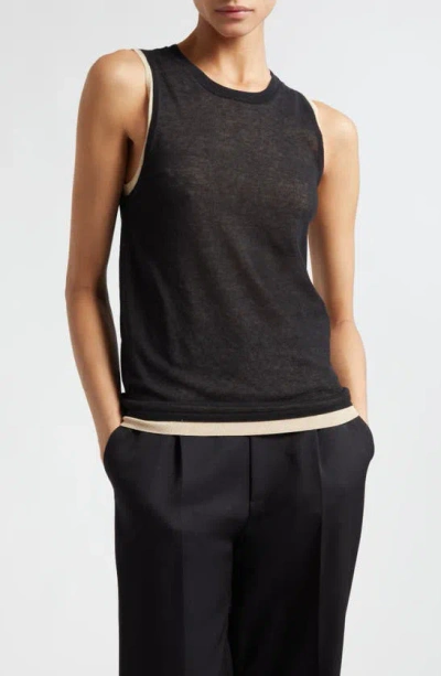 Vince Double Layer Cotton Blend Tank In Black Oat Sand Combo