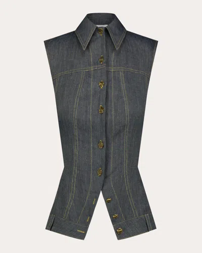 Matthew Bruch Women's Collared Button Denim Vest Top Cotton/denim/linen In Blue