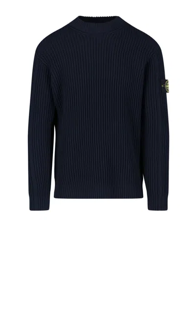 Stone Island Navy Blue Ribbed Knitted Crew Neck Sweater In Default Title