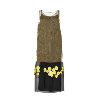 Prada 3d Flowers Lurex Knitted Dress In Gold